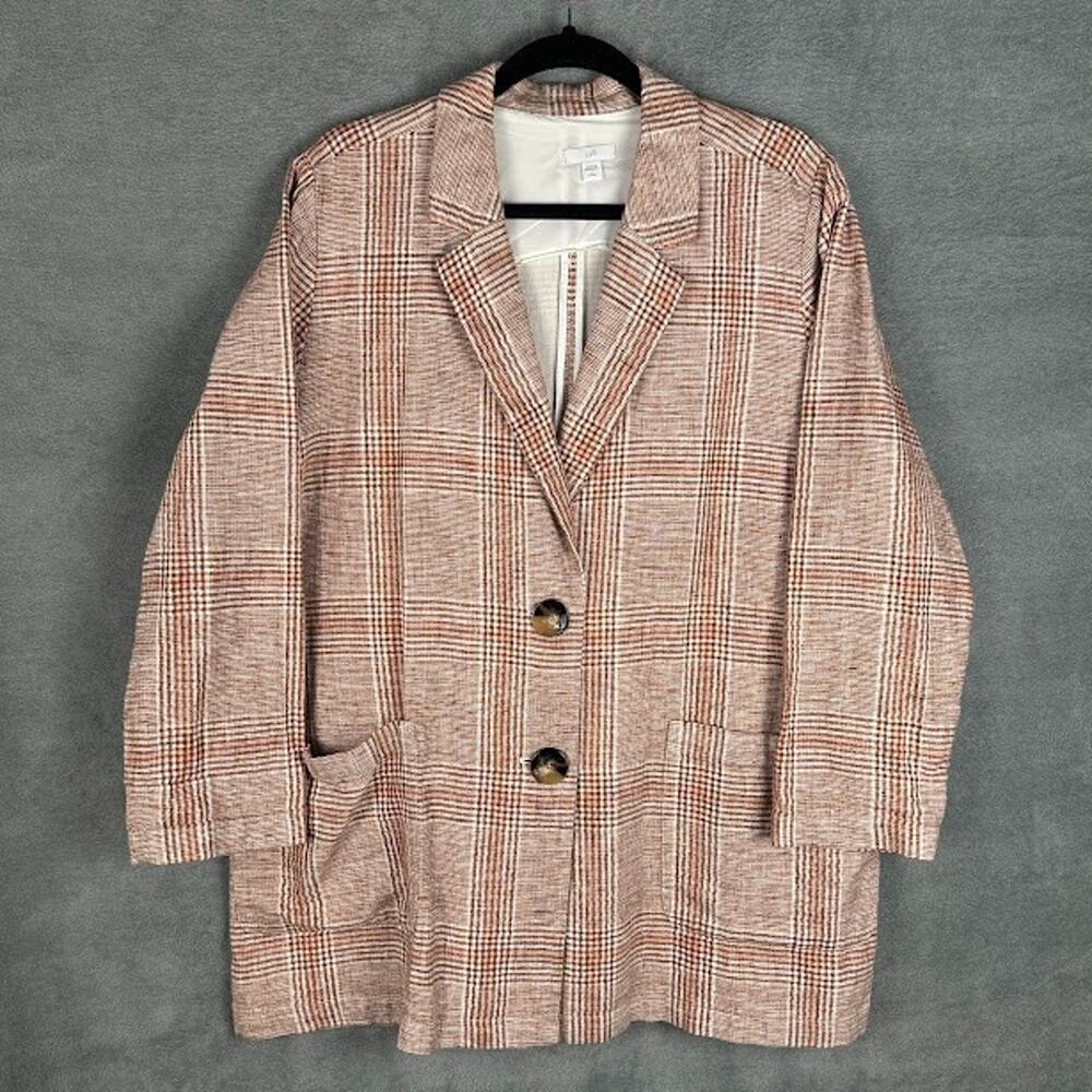 J Jill Blazer Womens Large Petite Brown Plaid Linen Preppy Resort Career Classic